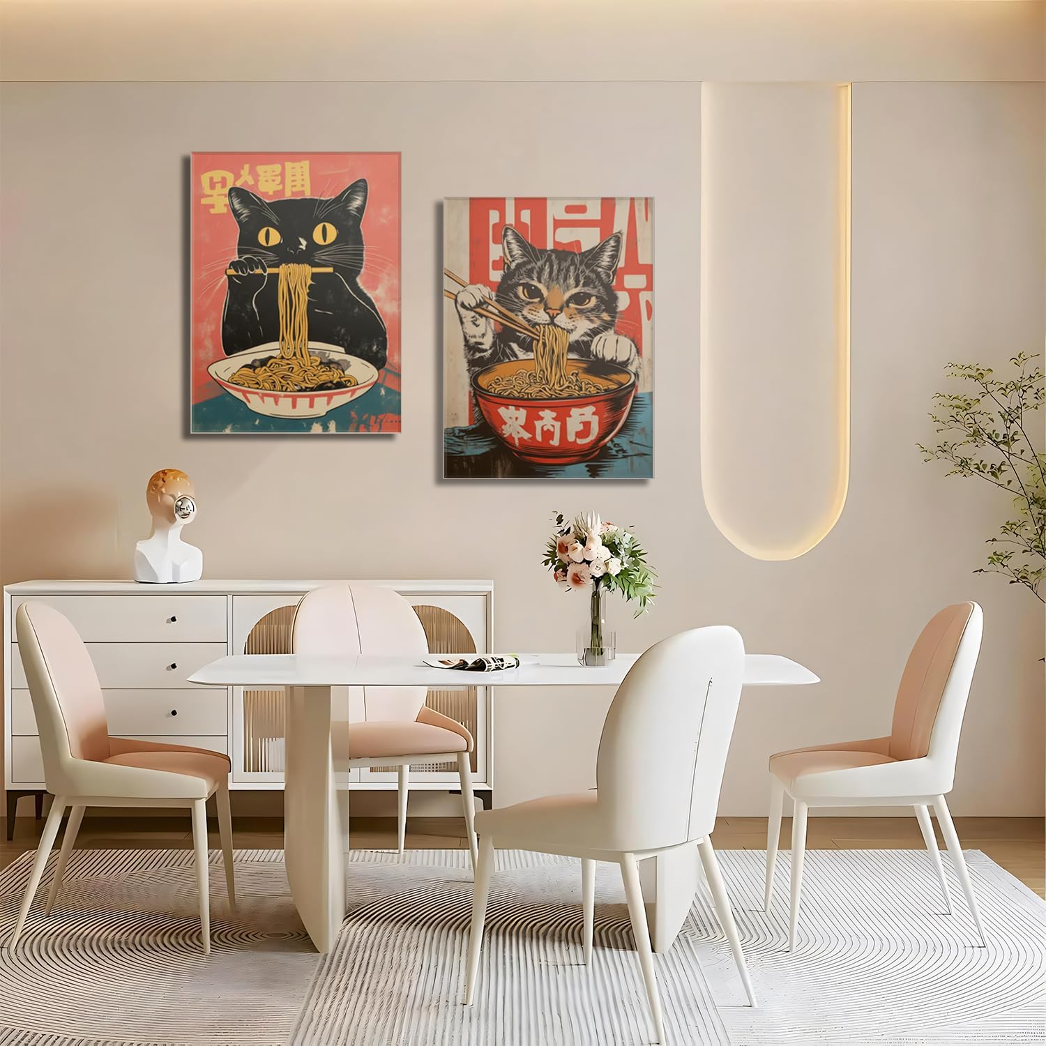 Cat and Ramen Canvas Art Pair — 2 Framed Panels, 12 × 16 in Each