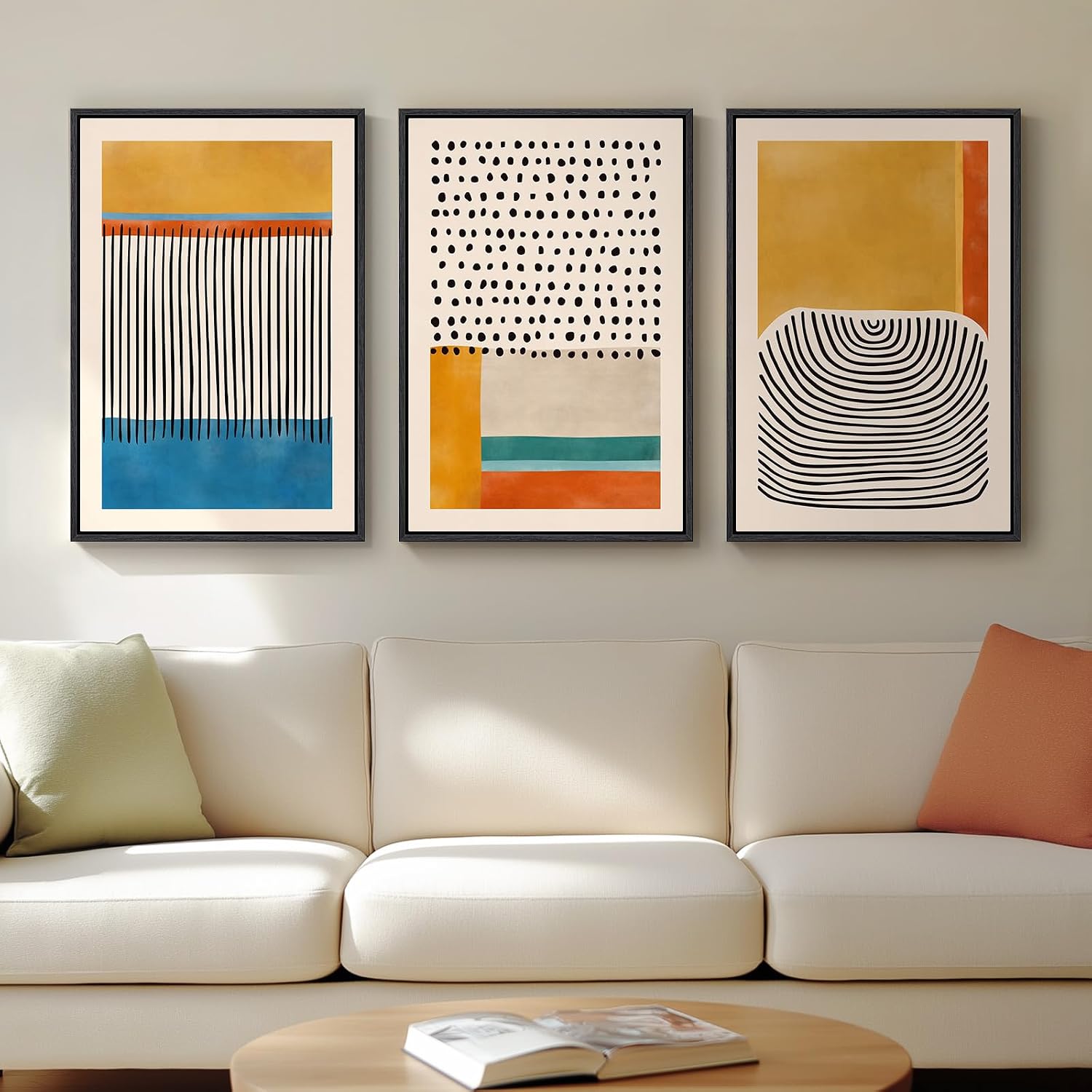 Mid-Century Geometric Wall Art — 3 Framed Panels, 16 × 24 in Each