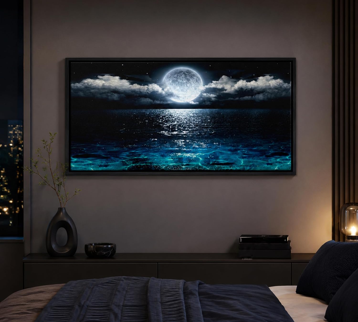 Moonlit Ocean Framed Canvas Print — 16 × 32 in