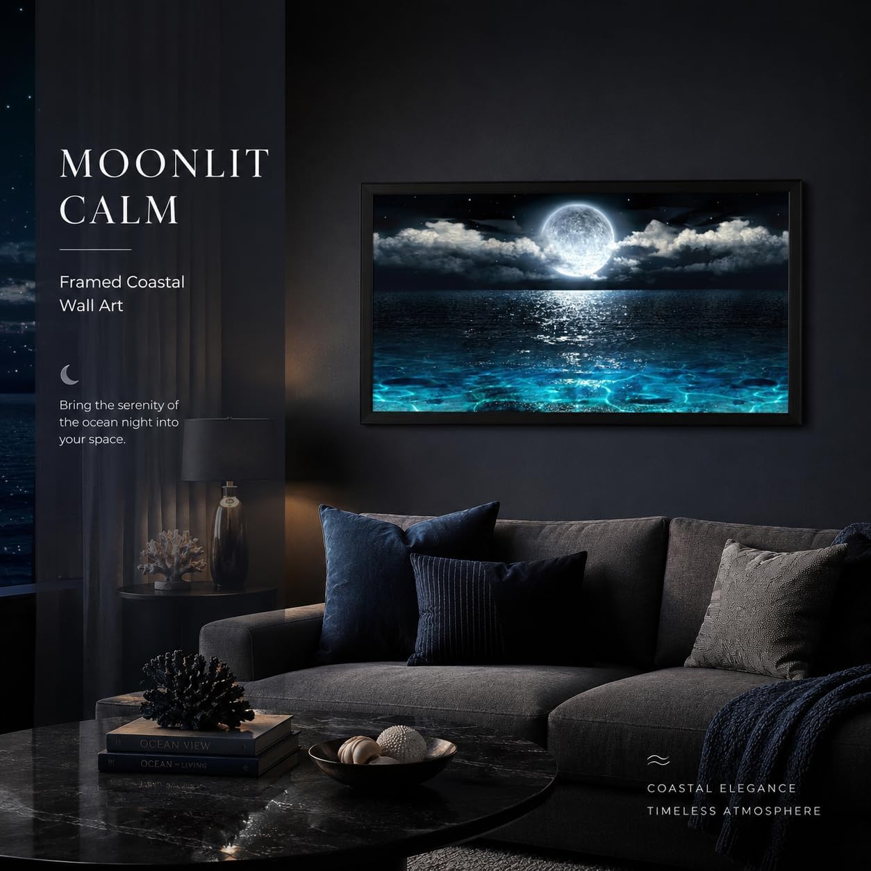 Moonlit Ocean Framed Canvas Print — 16 × 32 in