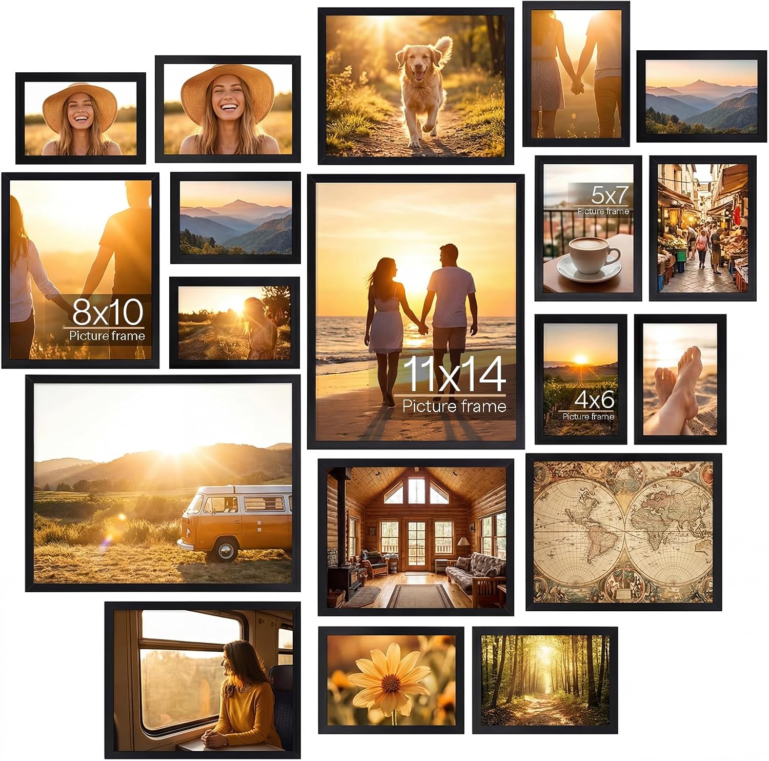 Black Wood Finish Photo Frame Set for Wall or Tabletop Display - Multi-Size