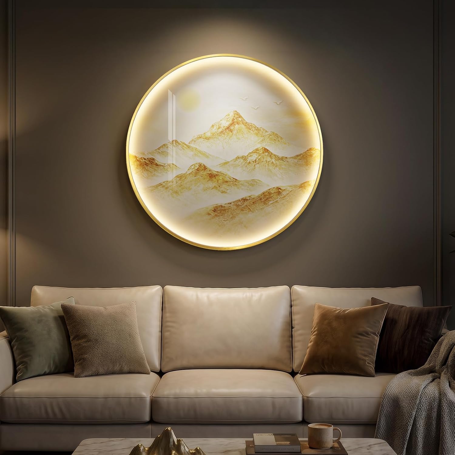 Round LED Mountain Wall Art — 30 × 30 in, Framed with Remote