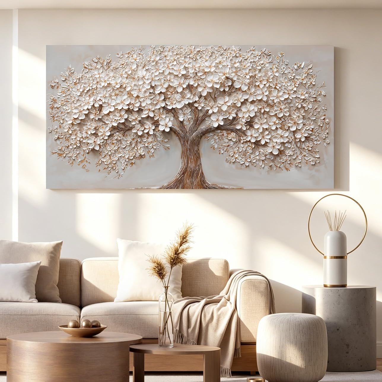 White Blossom Tree Textured Canvas — 3D Relief Finish